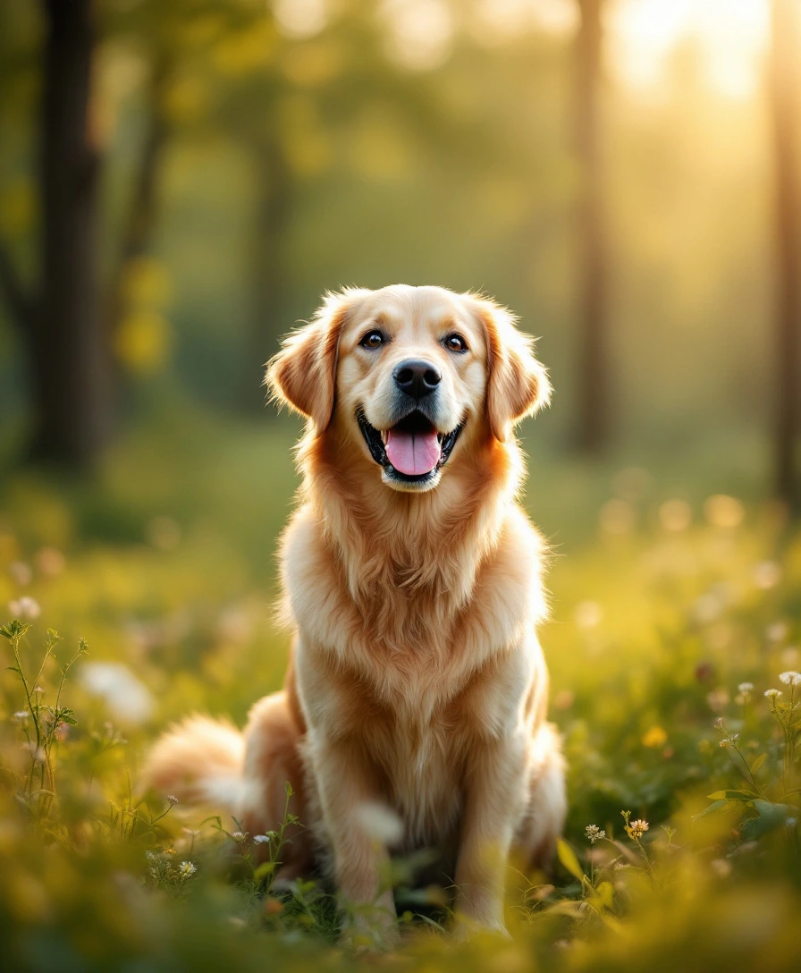 Glücklicher Hund auf einer sonnendurchfluteten Wiese am Waldrand