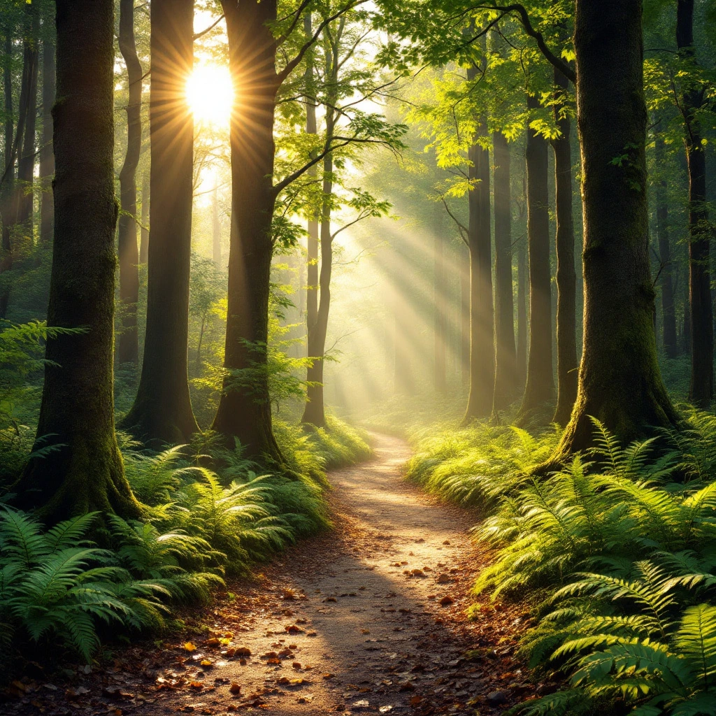 Sonniger Waldweg mit weichem Lichteinfall – ruhige Naturstimmung